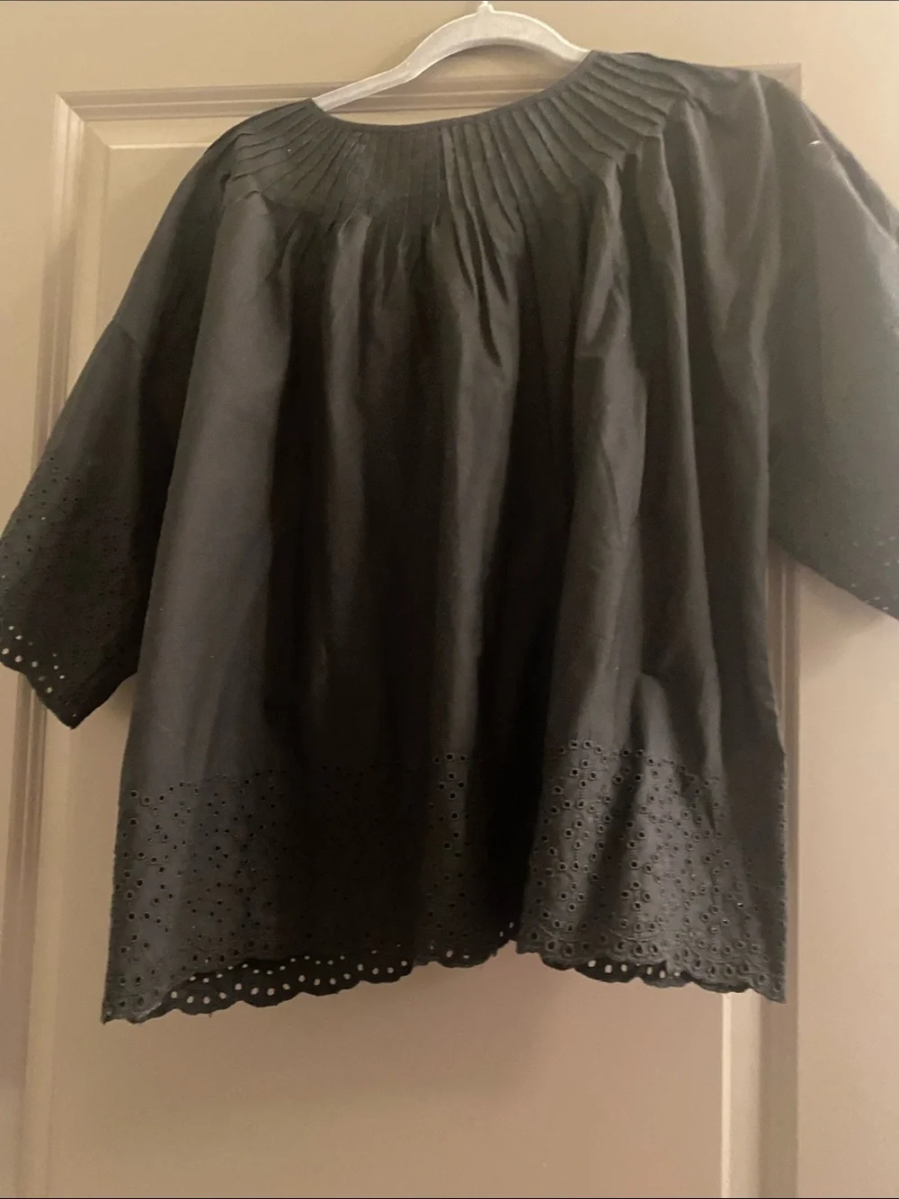 J. Crew Black Eyelet Button-Front Puff Sleeve Top